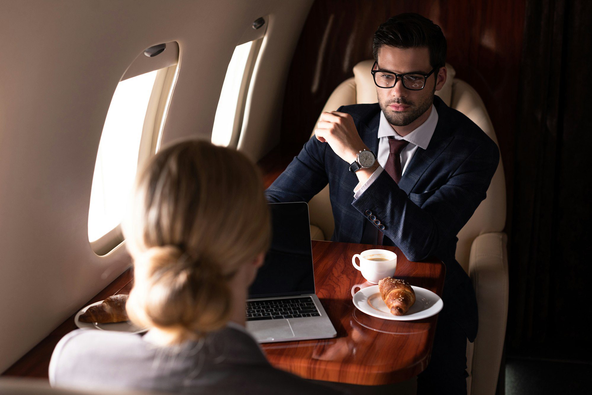 corporate businesspeople working with laptop in airplane