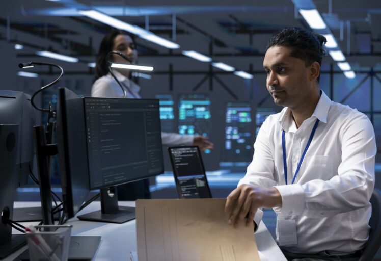 Man in server room ensuring compliance with industry regulations