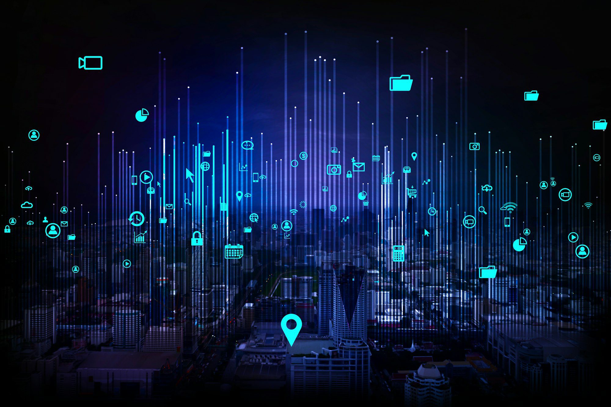 city scape at night and network connection concept