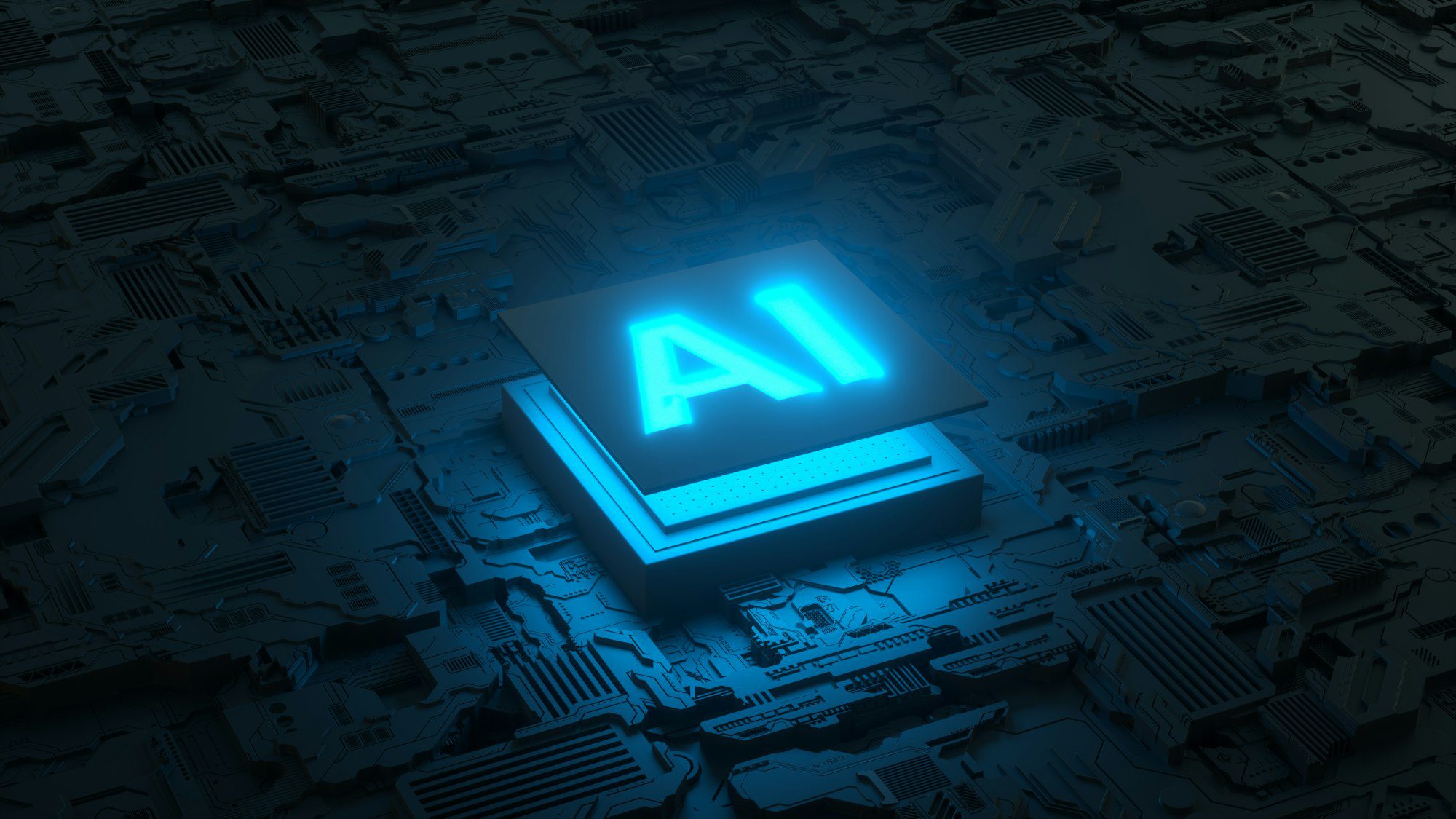 Circuit board and AI micro processor, Artificial intelligence of digital human. 3d render