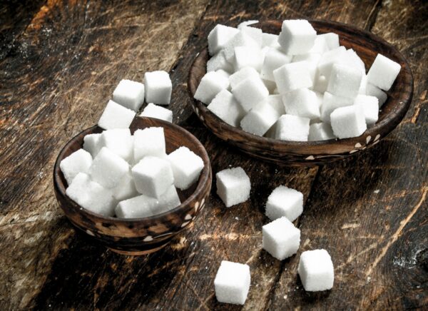 Cubes of sugar in a bowl.